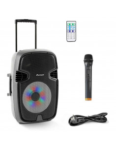 SY-J1215. NOVONOVA. MULTIFUNCTION PORTABLE SPEAKER WITH WHEELS, LIGHTING, MICROPHONE, BLUETOOTH.